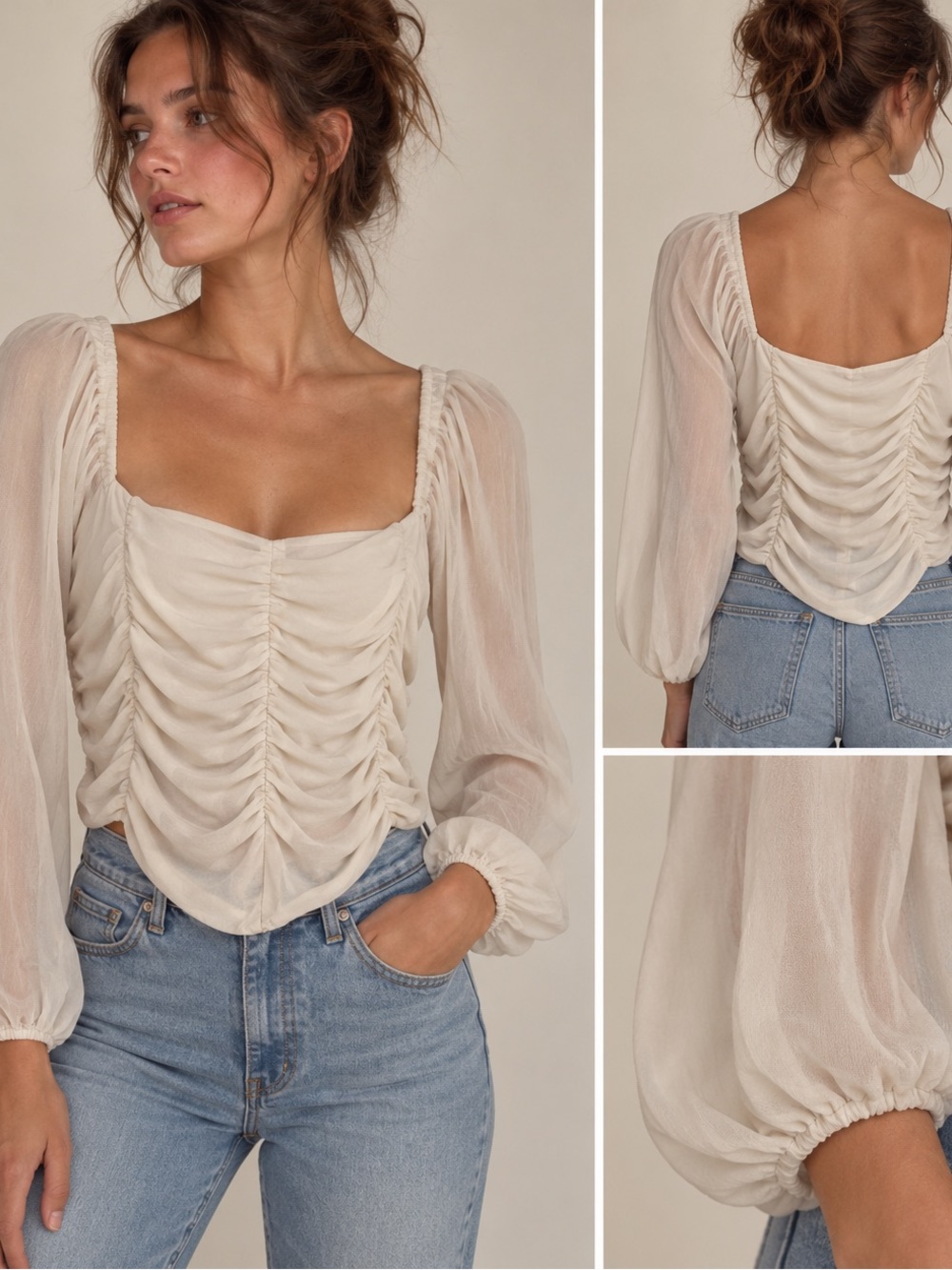 Native Cream Ruched Square-Neck Peasant Blouse